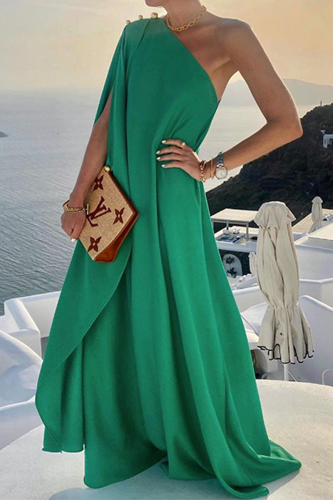 Women's Holiday Vacation Dress One Shoulder Solid Split Maxi Dress