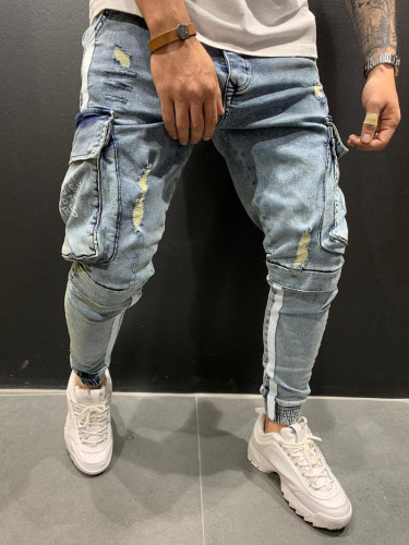 Trendy Side Pocket Knee Ripped Design Men Jeans S-3XL