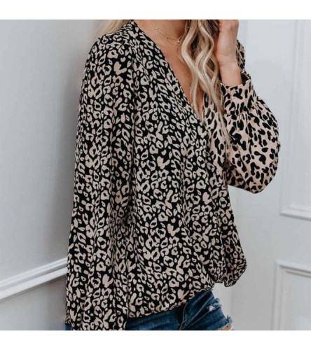 Women Casual V Neck Long-sleeve Patchwork Blouse S-XL