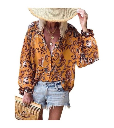Women Caual Loose V Neck Long-sleeve Printed Blouse S-XXL