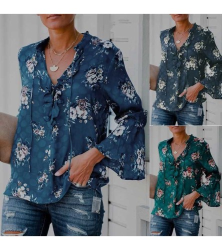 Women Fashion V-Neck Floral Print Flared Sleeve Blouses S-5XL