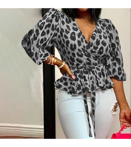 Women Fashion V-Neck Leopard Print Blouse S-5XL
