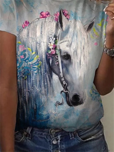 Women's 3D Horse Print T-Shirt Crew Neck Short Sleeve Tee