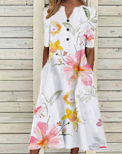 Women's Spring Summer Dress V-Neck Floral Print Vintage Retro A Line Midi Dresses