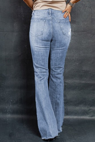 Women's Street Denim Jeans Distressed Raw Hem Flare Jeans