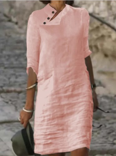 Women's Cotton Linen Dress Irregular Neck Mid Sleeve Linen Dresses