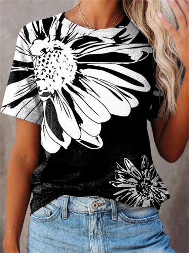 Women's Sunflower Print T-Shirt Crew Neck Short Sleeve Tee
