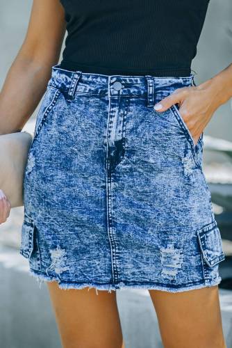 Women's Denim Short Skirt High Waist Distressed Denim Mini Skirt With Pocket