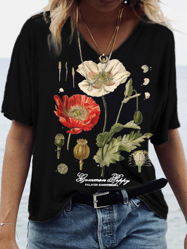Poppy Botanical Art V Neck T Shirt
