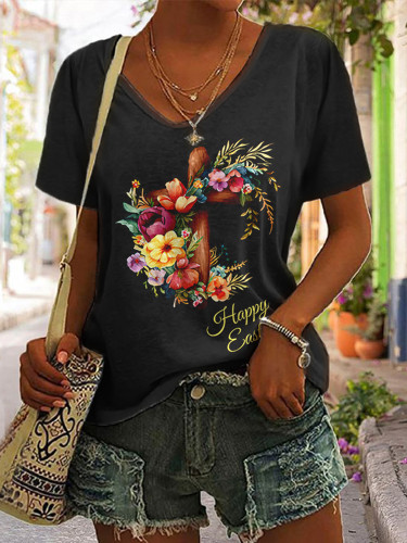 Personalized Flower Cross Print V-Neck Short Sleeve T-Shirt