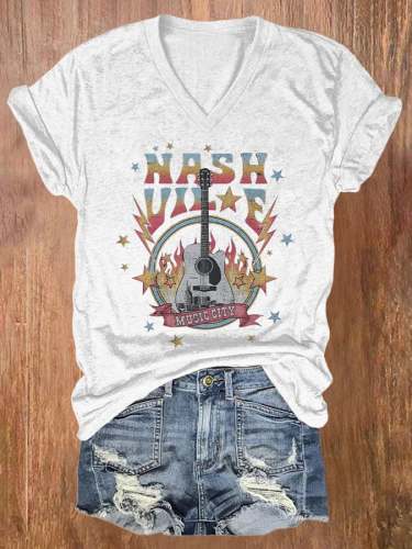 V-neck Nashville Music Guitar Print T-Shirt