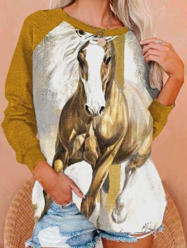 Women's Western Ethnic Feather Horse Print Sweatshirt