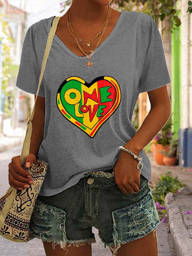 One Love Rasta Heart Print V-Neck T-Shirt