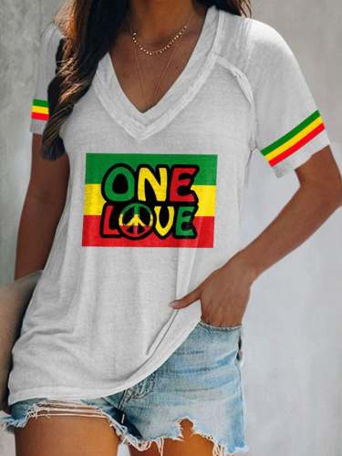 V-neck Reggae One Love Peace Print T-Shirt