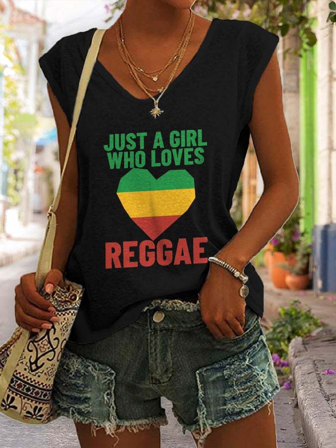 V-neck Just a Girl Who Loves Reggae Print Tank Top