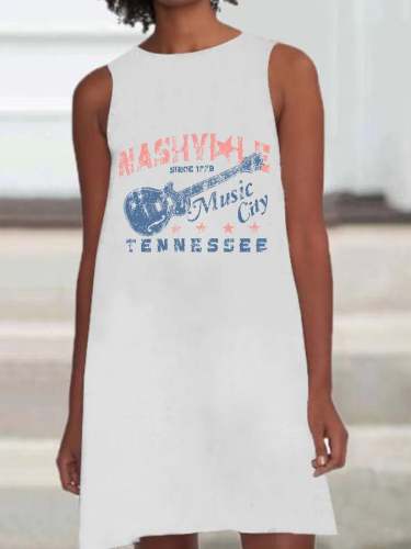 Retro Nashville Guitar Tennessee Print Sleeveless Dress