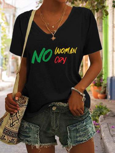 No Woman No Cry Print V-Neck T-Shirt