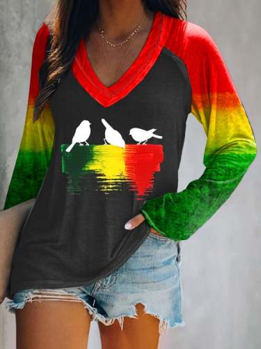 Three Little Birds Print Long Sleeve V-Neck T-Shirt