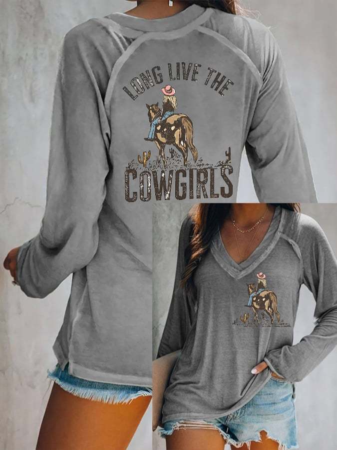 Women's Long Live The Cowgirls Western Print V-Neck Long Sleeve T-Shirt
