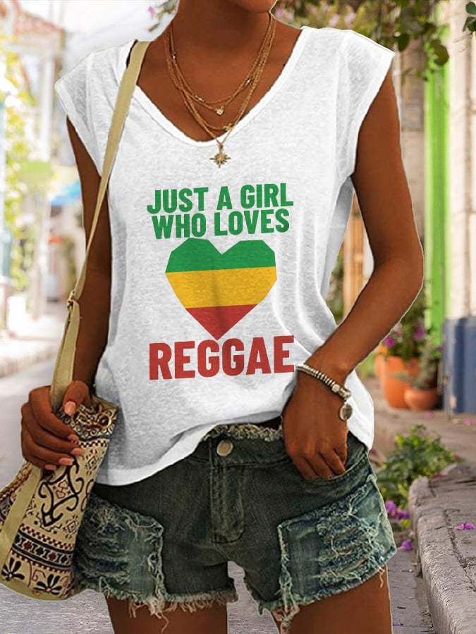 V-neck Just a Girl Who Loves Reggae Print Tank Top