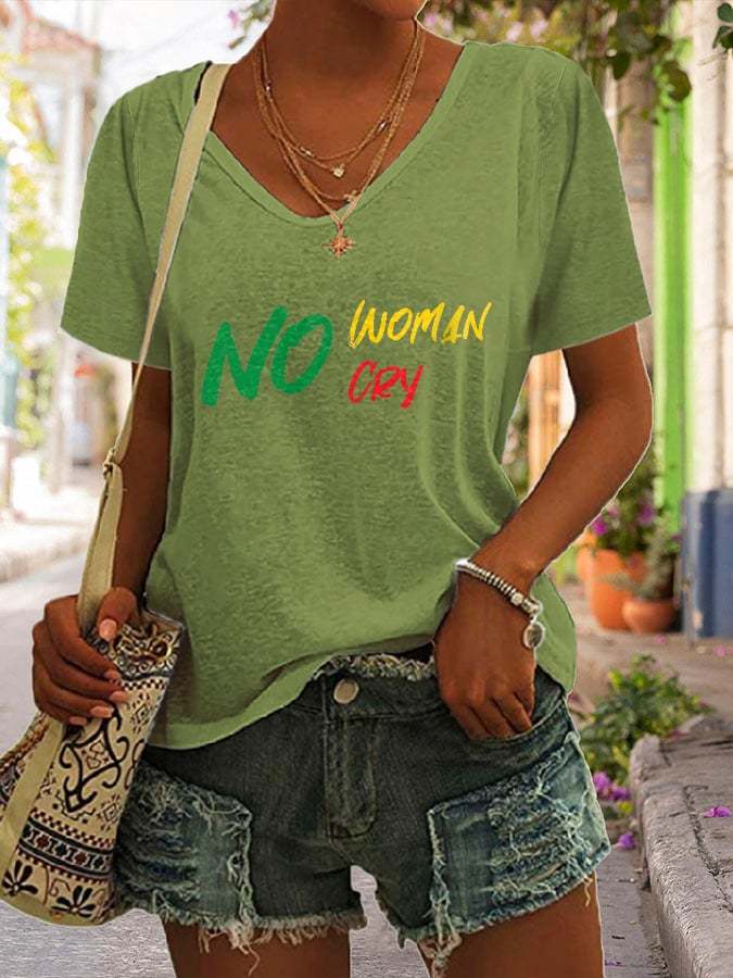 No Woman No Cry Print V-Neck T-Shirt