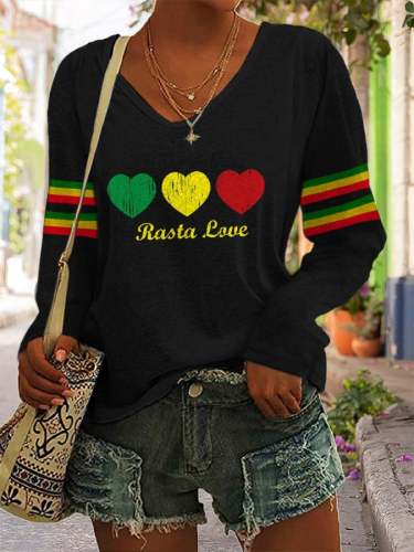 Women's Reggae Print V-Neck Long Sleeve Print T-Shirt