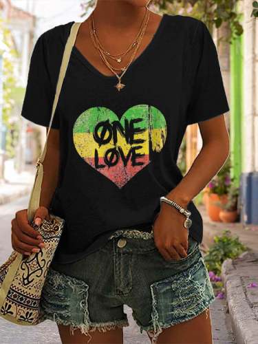 V-neck Reggae One Love Print T-Shirt