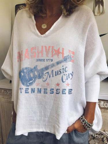 V-neck Retro Nashville Guitar Tennessee Cotton Linen T-shirt