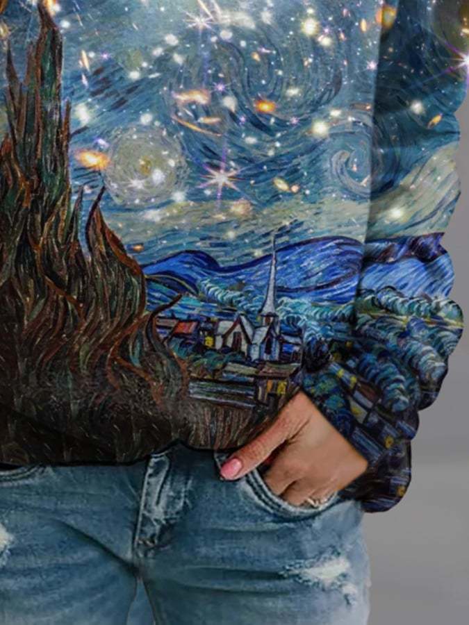 Casual Crew Neck Oil Painting & Space Image Print T-Shirt
