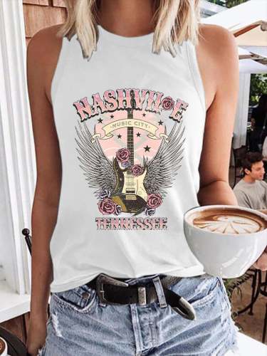 Retro Nashville Guitar Tennessee Rose Print Tank Top