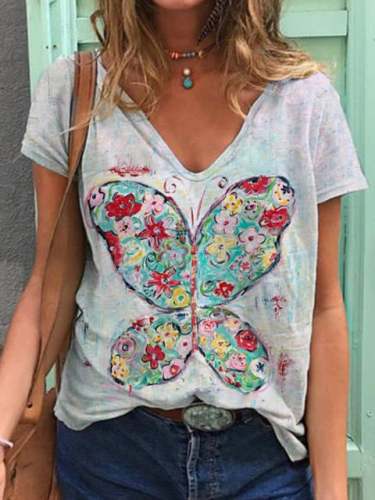 Women's Butterfly Oil Painting Print V-Neck T-Shirt