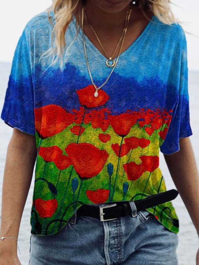 Women's Poppy Art Oil Painting Print T-Shirt
