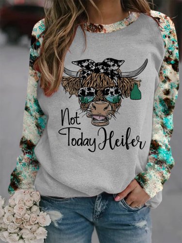 Women's Highland Cow Not Today Heifer Print Casual Crewneck Sweatshirt