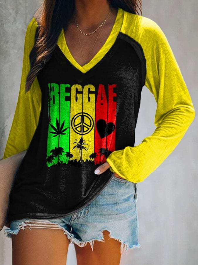 Reggae Art Long Sleeve V-Neck Print T-Shirt