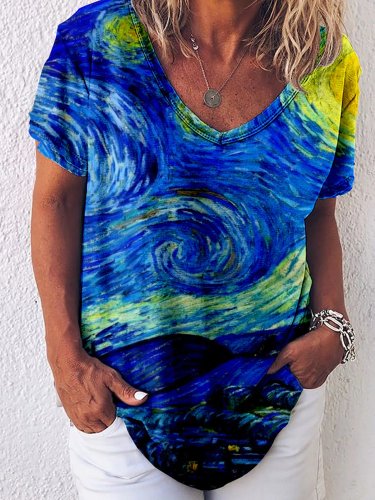 Women's Loose Casual Van Gogh Starry V-Neck T-Shirt