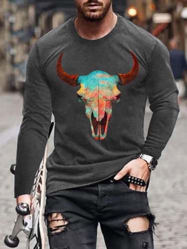 Men's Western Bull Skull Long-Sleeve T-Shirt