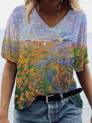 Women's Vintage Oil Painting Floral Print V-neck T-shirt