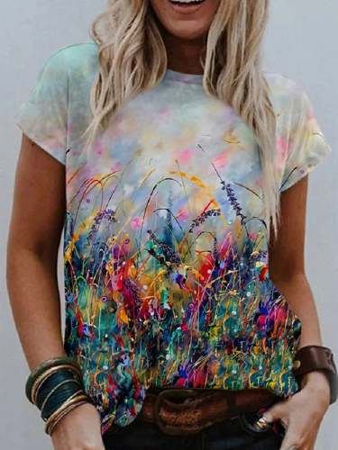 Women's Oil Painting Flower Print Round Neck Short Sleeve T-Shirt