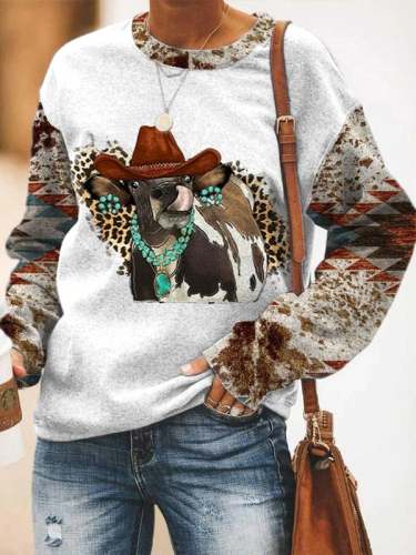 Women's Vintage Western Turquoise Cow Print Sweatshirt