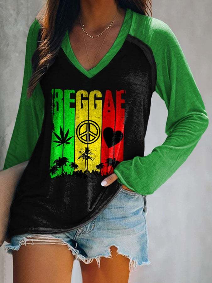 Reggae Art Long Sleeve V-Neck Print T-Shirt