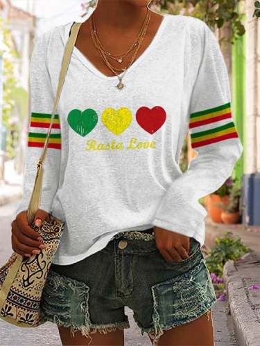 Women's Reggae Print V-Neck Long Sleeve Print T-Shirt