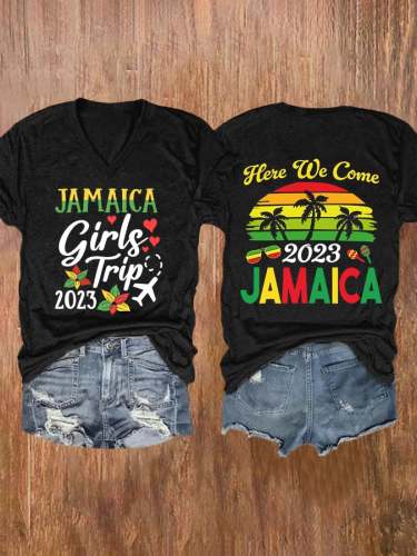 V-neck Jamaica Girls Trip 2023 Here We Come Jamaica 2023 Print T-Shirt