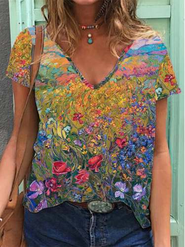 Women's Floral Oil Painting Print V-Neck T-Shirt