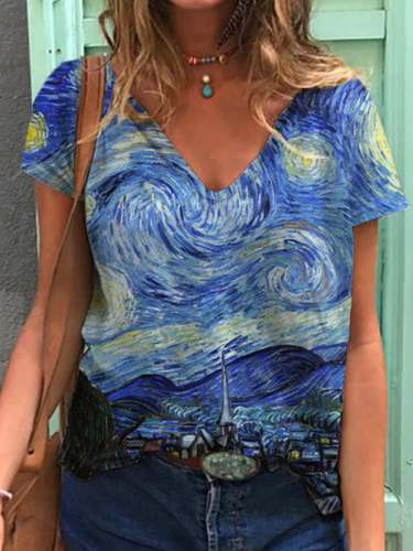 Women's Van Gogh Starry Sky Oil Painting Short Sleeve T-Shirt