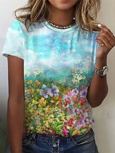 Women's Oil Painting Floral Print Crew Neck Short Sleeve T-Shirt