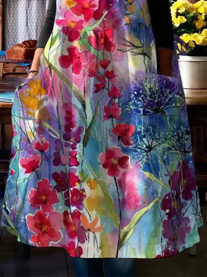 Casual Floral Oil Painting With Pocket Print Dress