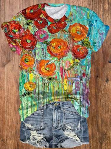Women's Poppy Floral Oil Painting Print Crew Neck T-shirt