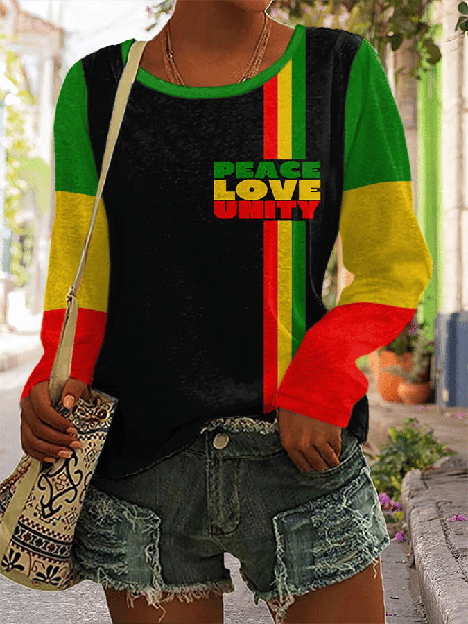 Women's Reggae Stripe Print Long Sleeve Crew Neck T-Shirt
