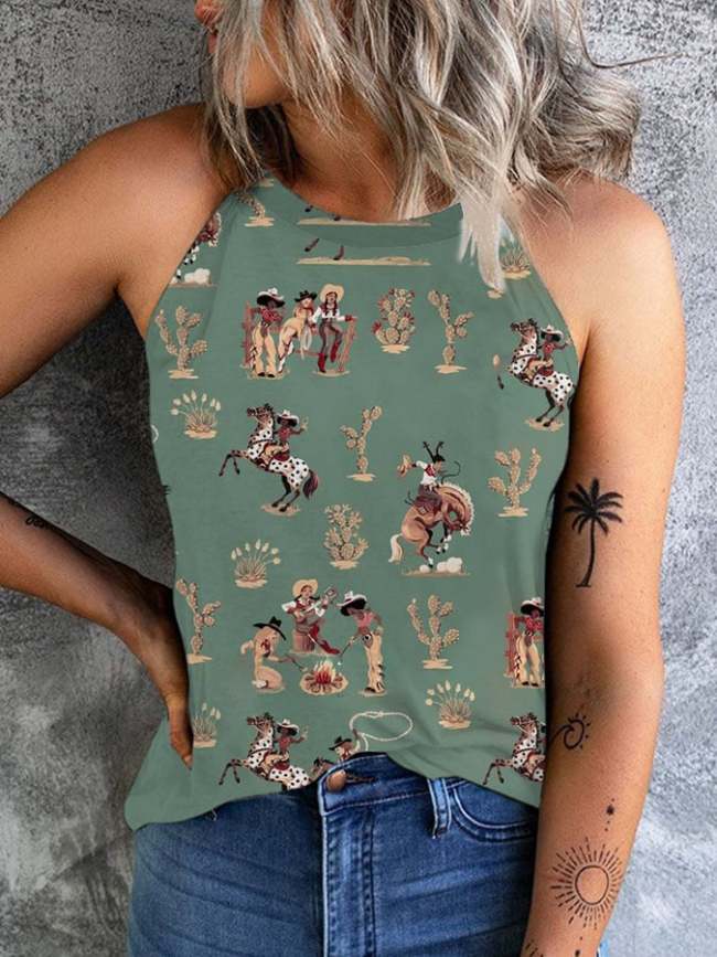 Women's Vintage Western Cowgirls Cowboy Print Vest