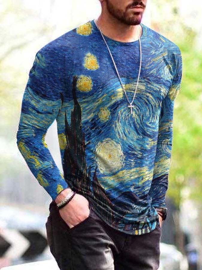 Men's Van Gogh Starry Sky Oil Painting  Round Neck Long Sleeve T-shirt